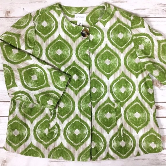 Chico’s Modern Ikat Printed Linen Jacket Size 1 - Picture 2 of 8